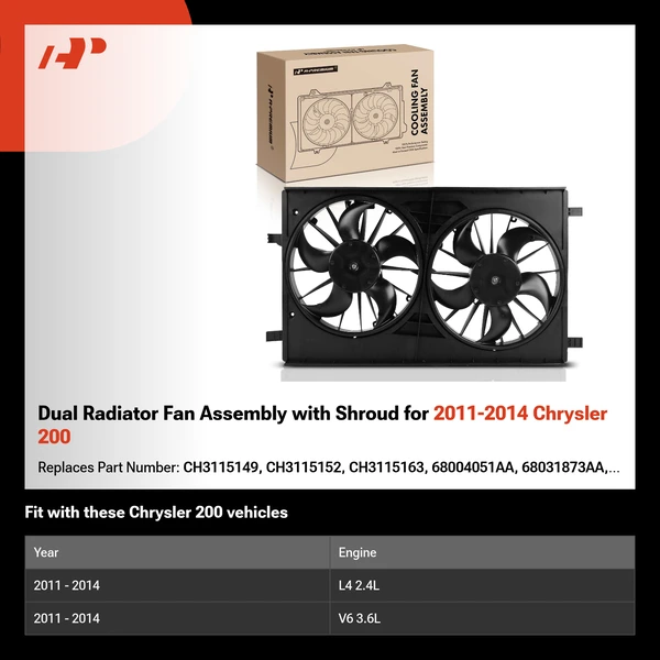 Dual Radiator Fan Assembly with Shroud for 2011-2014 Chrysler 200