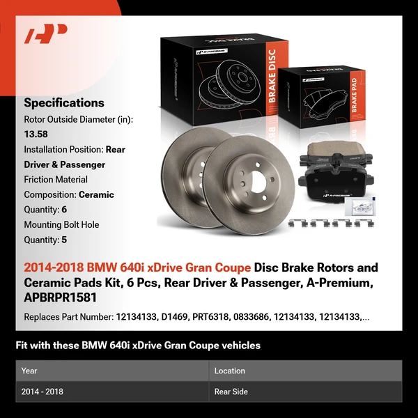 2014-2018 BMW 640i xDrive Gran Coupe Disc Brake Rotors and Ceramic Pads Kit, 6 Pcs, Rear Driver & Passenger, A-Premium, APBRPR1581
