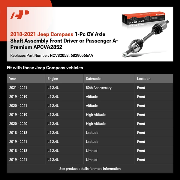 2018-2021 Jeep Compass 1-Pc CV Axle Shaft Assembly Front Driver or Passenger A-Premium APCVA2852