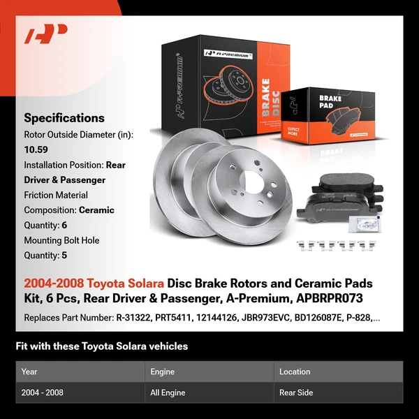 2004-2008 Toyota Solara Disc Brake Rotors and Ceramic Pads Kit, 6 Pcs, Rear Driver & Passenger, A-Premium, APBRPR073
