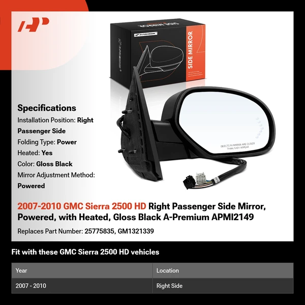 2007-2010 GMC Sierra 2500 HD Right Passenger Side Mirror, Powered, with Heated, Gloss Black A-Premium APMI2149