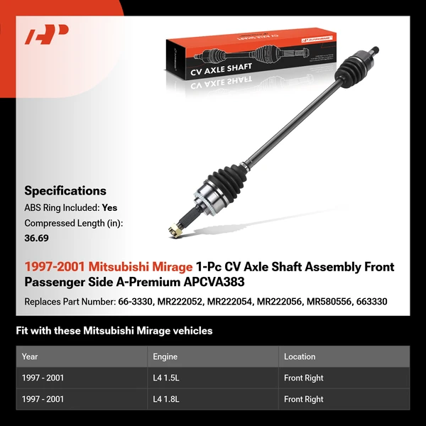 1997-2001 Mitsubishi Mirage 1-Pc CV Axle Shaft Assembly Front Passenger Side A-Premium APCVA383