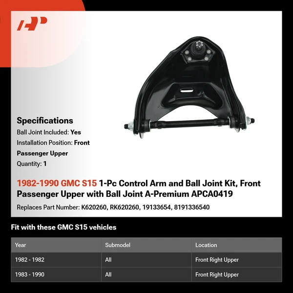 1982-1990 GMC S15 1-Pc Control Arm and Ball Joint Kit, Front Passenger Upper with Ball Joint A-Premium APCA0419