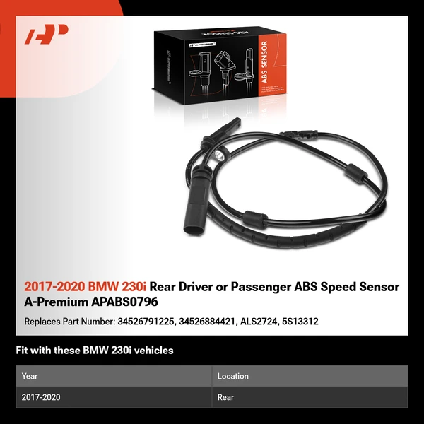 2017-2020 BMW 230i Rear Driver or Passenger ABS Speed Sensor A-Premium APABS0796