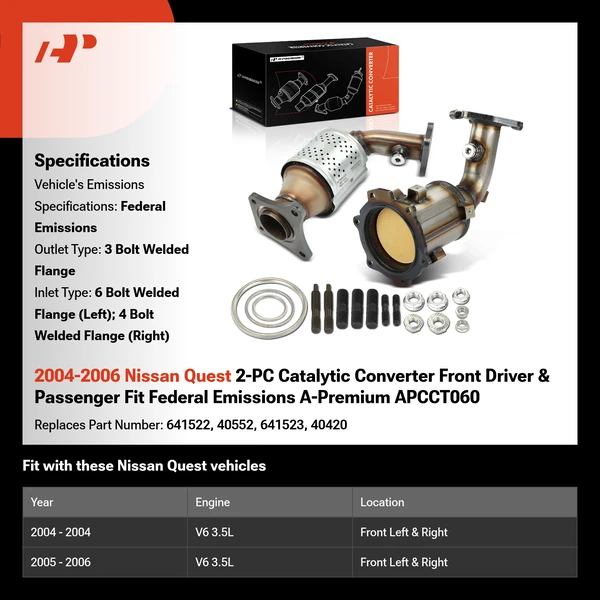 2004-2006 Nissan Quest 2-PC Catalytic Converter Front Driver & Passenger Fit Federal Emissions A-Premium APCCT060