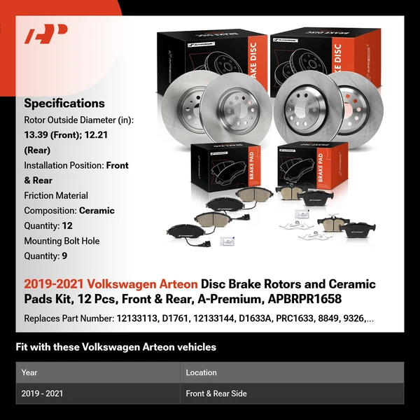 2019-2021 Volkswagen Arteon Disc Brake Rotors and Ceramic Pads Kit, 12 Pcs, Front & Rear, A-Premium, APBRPR1658