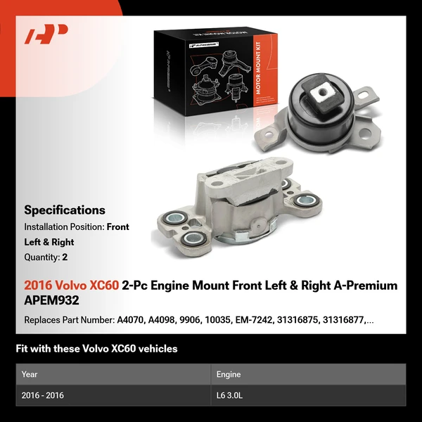 2016 Volvo XC60 2-Pc Engine Mount Front Left & Right A-Premium APEM932