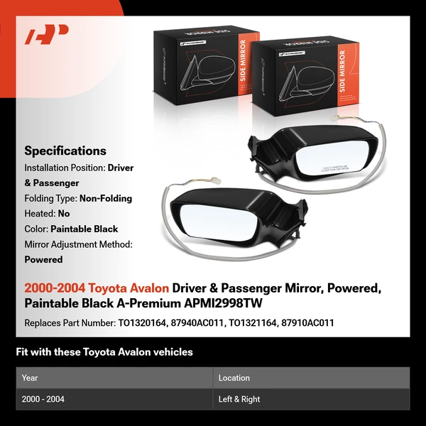 2000-2004 Toyota Avalon Driver & Passenger Mirror, Powered, Paintable Black A-Premium APMI2998TW