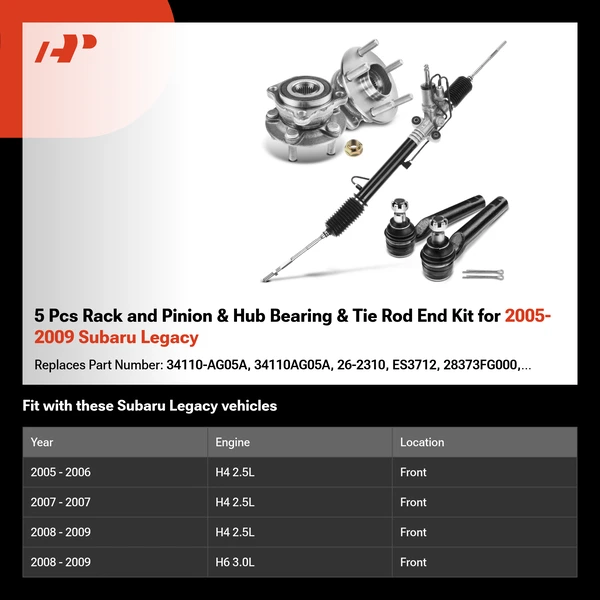 5 Pcs Rack and Pinion & Hub Bearing & Tie Rod End Kit for 2005-2009 Subaru Legacy