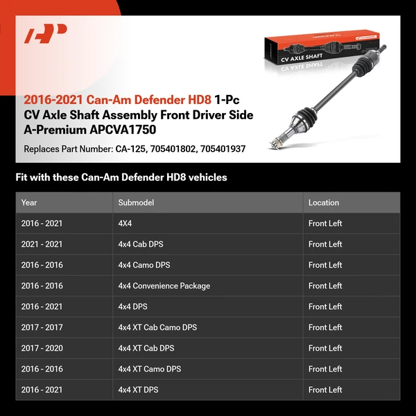 2016-2021 Can-Am Defender HD8 1-Pc CV Axle Shaft Assembly Front Driver Side A-Premium APCVA1750