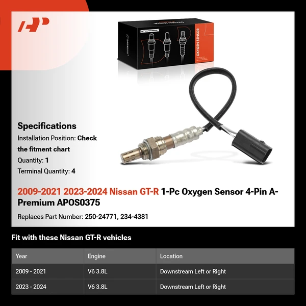 2009-2021 2023-2024 Nissan GT-R 1-Pc Oxygen Sensor 4-Pin A-Premium APOS0375