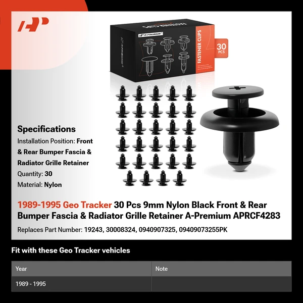 1989-1995 Geo Tracker 30 Pcs 9mm Nylon Black Front & Rear Bumper Fascia & Radiator Grille Retainer A-Premium APRCF4283