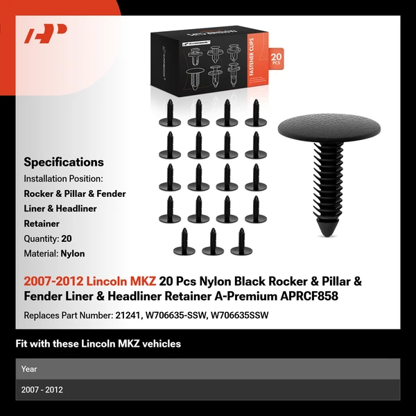 2007-2012 Lincoln MKZ 20 Pcs Nylon Black Rocker & Pillar & Fender Liner & Headliner Retainer A-Premium APRCF858