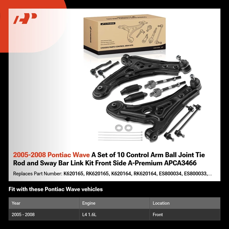 2005-2008 Pontiac Wave A Set of 10 Control Arm Ball Joint Tie Rod and Sway Bar Link Kit Front Side A-Premium APCA3466