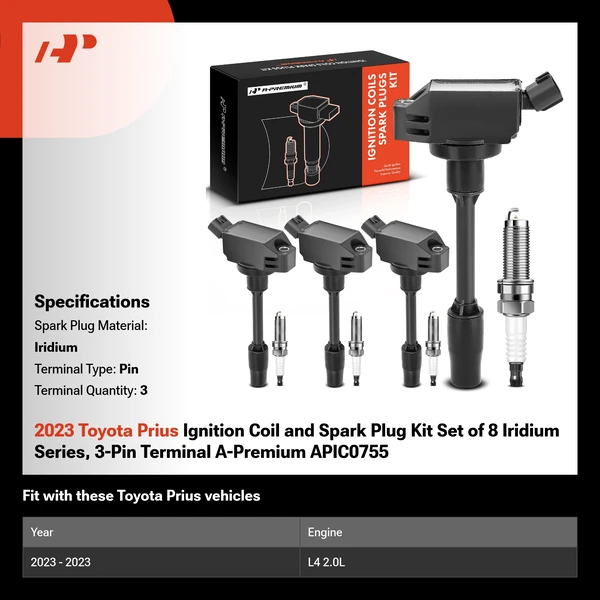 2023 Toyota Prius Ignition Coil and Spark Plug Kit Set of 8 Iridium Series, 3-Pin Terminal A-Premium APIC0755