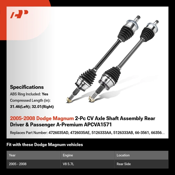 2005-2008 Dodge Magnum 2-Pc CV Axle Shaft Assembly Rear Driver & Passenger A-Premium APCVA1571