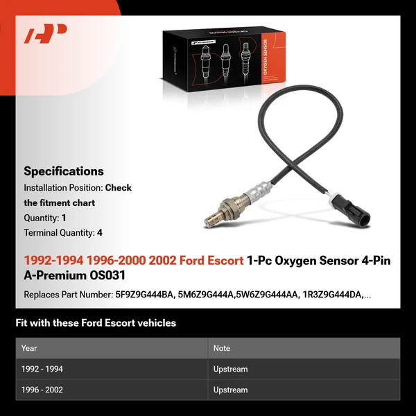 1992-1994 1996-2000 2002 Ford Escort 1-Pc Oxygen Sensor 4-Pin A-Premium OS031