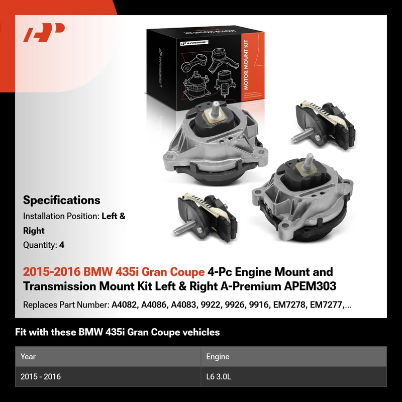 2015-2016 BMW 435i Gran Coupe 4-Pc Engine Mount and Transmission Mount Kit Left & Right A-Premium APEM303