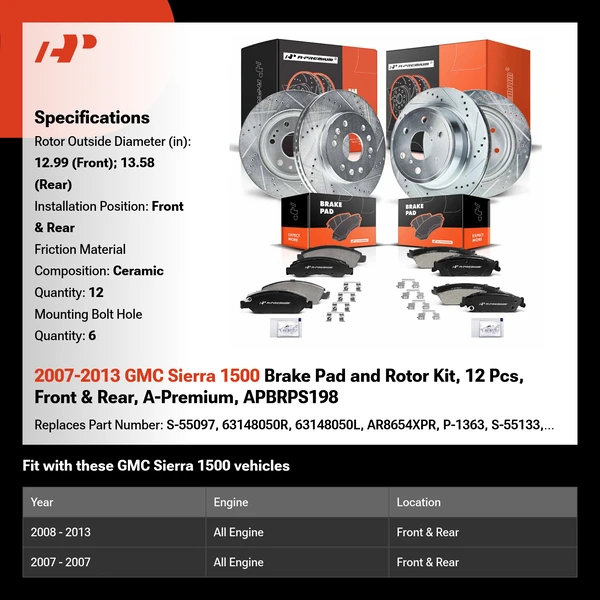 2007-2013 GMC Sierra 1500 Brake Pad and Rotor Kit, 12 Pcs, Front & Rear, A-Premium, APBRPS198