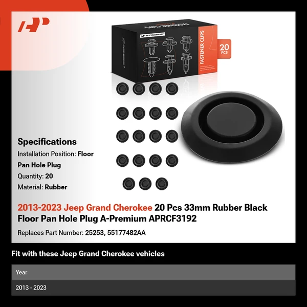 2013-2023 Jeep Grand Cherokee 20 Pcs 33mm Rubber Black Floor Pan Hole Plug A-Premium APRCF3192