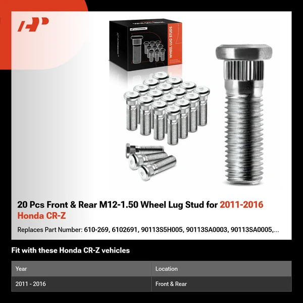 20 Pcs Front & Rear M12-1.50 Wheel Lug Stud for 2011-2016 Honda CR-Z