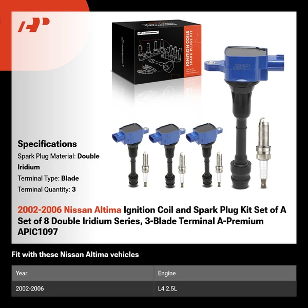 2002-2006 Nissan Altima Ignition Coil and Spark Plug Kit Set of A Set of 8 Double Iridium Series, 3-Blade Terminal A-Premium APIC1097