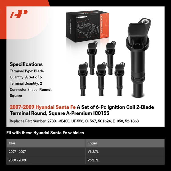 2007-2009 Hyundai Santa Fe A Set of 6-Pc Ignition Coil 2-Blade Terminal Round, Square A-Premium IC0155