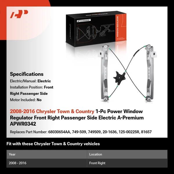 2008-2016 Chrysler Town & Country 1-Pc Power Window Regulator Front Right Passenger Side Electric A-Premium APWR0342