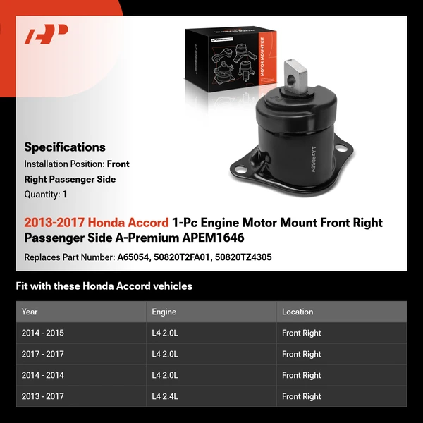 2013-2017 Honda Accord 1-Pc Engine Motor Mount Front Right Passenger Side A-Premium APEM1646