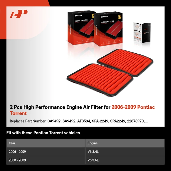 2 Pcs High Performance Engine Air Filter for 2006-2009 Pontiac Torrent