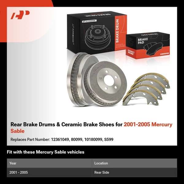 Rear Brake Drums & Ceramic Brake Shoes for 2001-2005 Mercury Sable