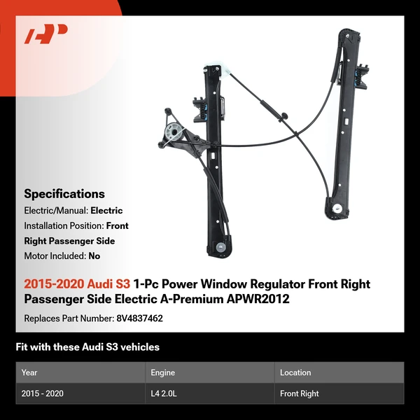 2015-2020 Audi S3 1-Pc Power Window Regulator Front Right Passenger Side Electric A-Premium APWR2012