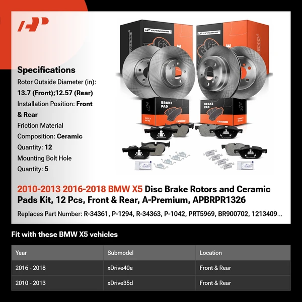 2010-2013 2016-2018 BMW X5 Disc Brake Rotors and Ceramic Pads Kit, 12 Pcs, Front & Rear, A-Premium, APBRPR1326
