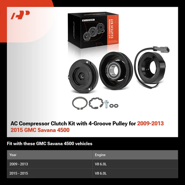 AC Compressor Clutch Kit with 4-Groove Pulley for 2009-2013 2015 GMC Savana 4500