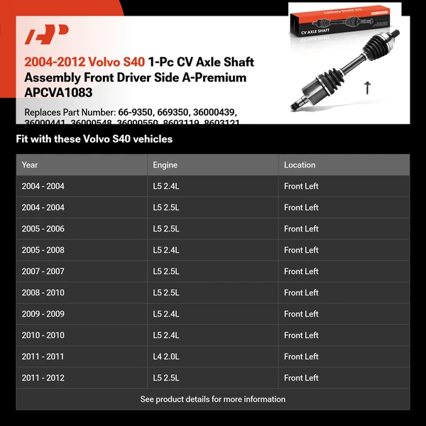 2004-2012 Volvo S40 1-Pc CV Axle Shaft Assembly Front Driver Side A-Premium APCVA1083