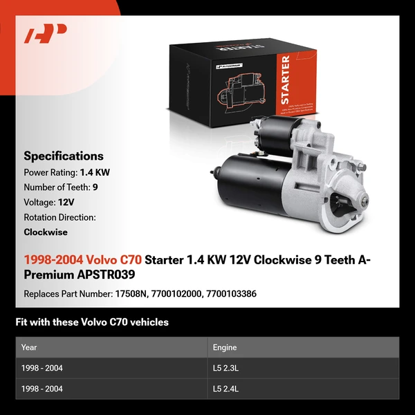 1998-2004 Volvo C70 Starter 1.4 KW 12V Clockwise 9 Teeth A-Premium APSTR039
