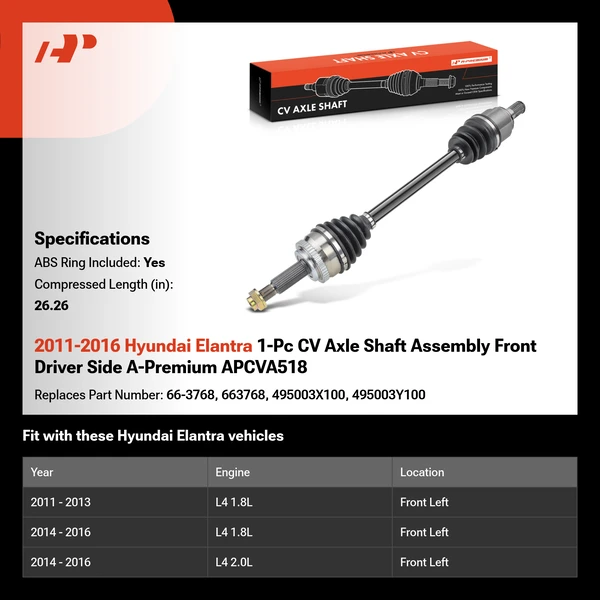 2011-2016 Hyundai Elantra 1-Pc CV Axle Shaft Assembly Front Driver Side A-Premium APCVA518