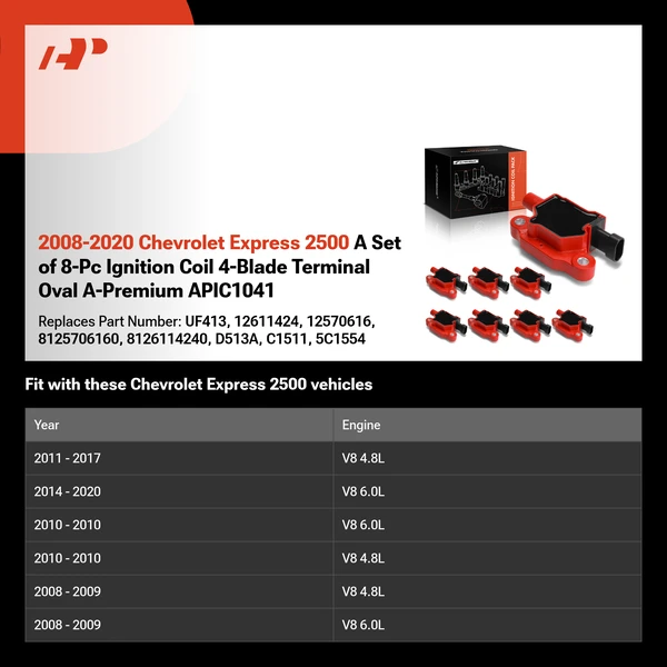 2008-2020 Chevrolet Express 2500 A Set of 8-Pc Ignition Coil 4-Blade Terminal Oval A-Premium APIC1041