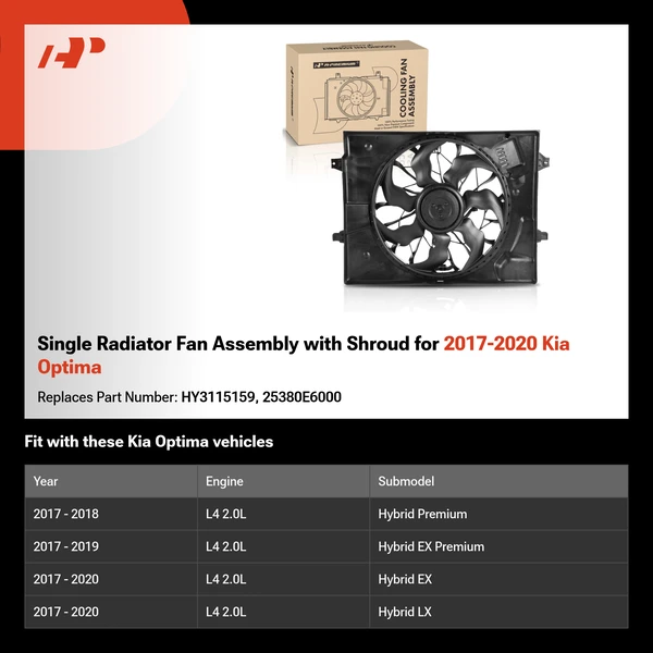 Single Radiator Fan Assembly with Shroud for 2017-2020 Kia Optima