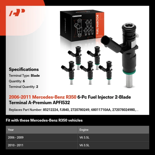 2006-2011 Mercedes-Benz R350 6-Pc Fuel Injector 2-Blade Terminal A-Premium APFI532