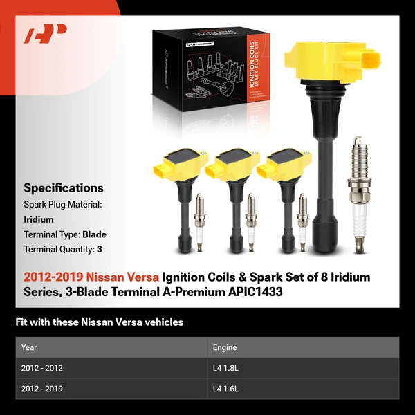 2012-2019 Nissan Versa Ignition Coils & Spark Set of 8 Iridium Series, 3-Blade Terminal A-Premium APIC1433