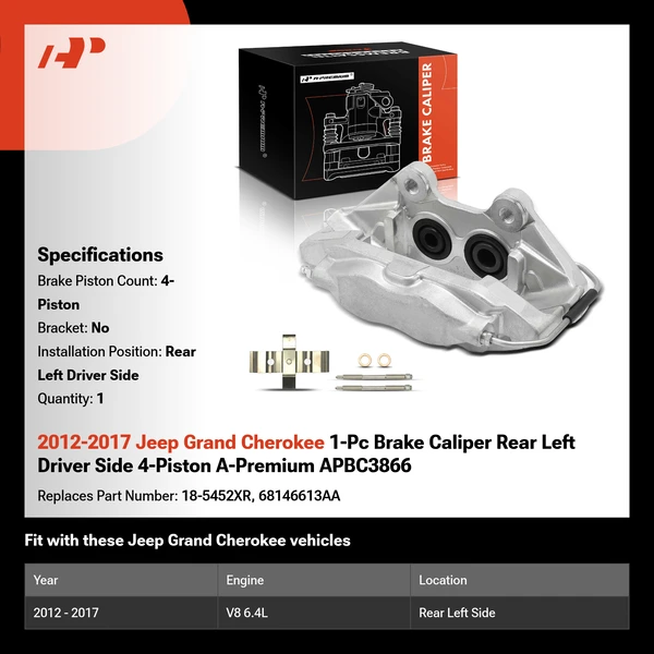 2012-2017 Jeep Grand Cherokee 1-Pc Brake Caliper Rear Left Driver Side 4-Piston A-Premium APBC3866