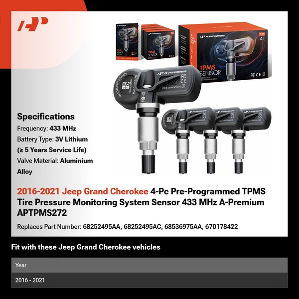 2016-2021 Jeep Grand Cherokee 4-Pc Pre-Programmed TPMS Tire Pressure Monitoring System Sensor 433 MHz A-Premium APTPMS272