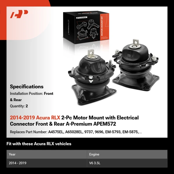 2014-2019 Acura RLX 2-Pc Motor Mount with Electrical Connector Front & Rear A-Premium APEM572