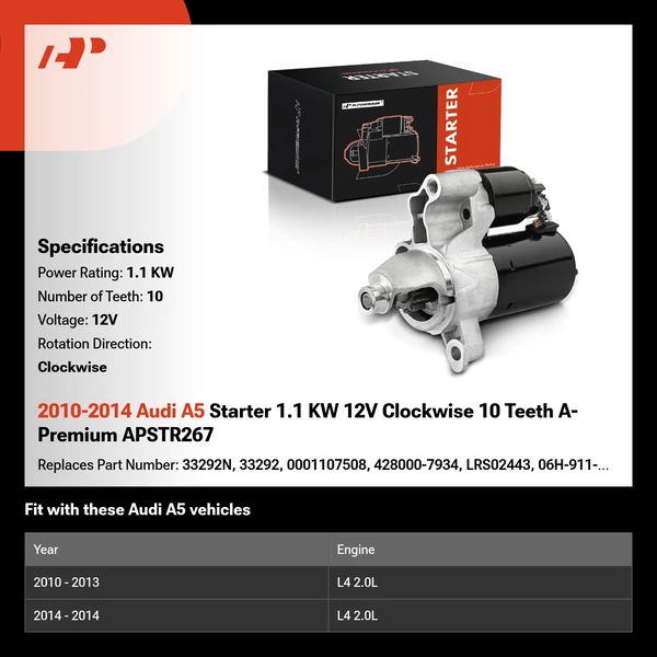 2010-2014 Audi A5 Starter 1.1 KW 12V Clockwise 10 Teeth A-Premium APSTR267