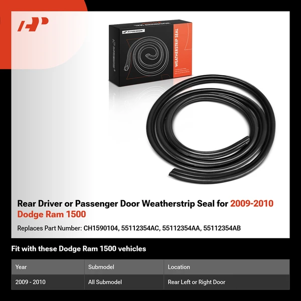 Rear Driver or Passenger Door Weatherstrip Seal for 2009-2010 Dodge Ram 1500