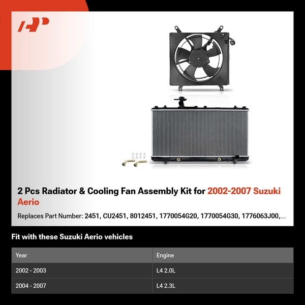 2 Pcs Radiator & Cooling Fan Assembly Kit for 2002-2007 Suzuki Aerio
