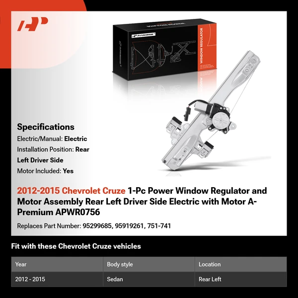 2012-2015 Chevrolet Cruze 1-Pc Power Window Regulator and Motor Assembly Rear Left Driver Side Electric with Motor A-Premium APWR0756