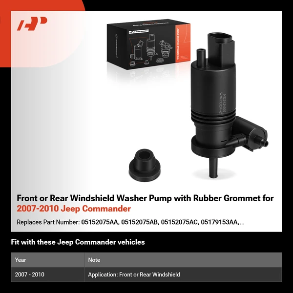 Front or Rear Windshield Washer Pump with Rubber Grommet for 2007-2010 Jeep Commander