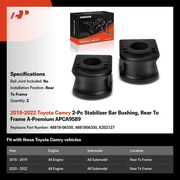 2018-2022 Toyota Camry 2-Pc Stabilizer Bar Bushing, Rear To Frame A-Premium APCA9589